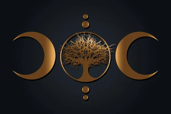 黄金の神秘的な月 人生の木ウィッカの看板 神聖な幾何学 黄金の豪華なロゴ 三日月 半月異教ウィカントリプル女神シンボル エネルギーサークル 黒の背景に隔離されたベクトル — ストックベクタ