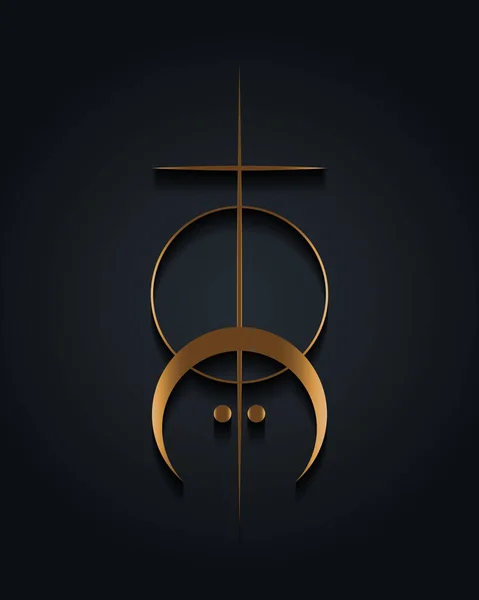 神聖な幾何学 太陽と金の入れ墨のロゴ 三日月 錬金術密教クロス 神秘的な魔法の天体お守り 黒の背景に隔離された精神的なオブジェクトベクトル図 — ストックベクタ