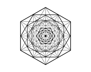 Altıgen Mandala, kutsal geometri, sihirli altıgen. Soyut Geometrik desen ögesi, çizgi tasarımı. Beyaz arkaplanda izole edilmiş mistik simge platonik katı vektör 