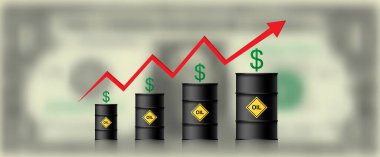 Petrolün fiyatı artıyor. Petrol varilleri, dolar ve kırmızı oklu bilgi grafikleri. Artan ham petrol fiyatları kavramı, vektör illüstrasyonu bulanık bir dolar arkaplanda izole edildi