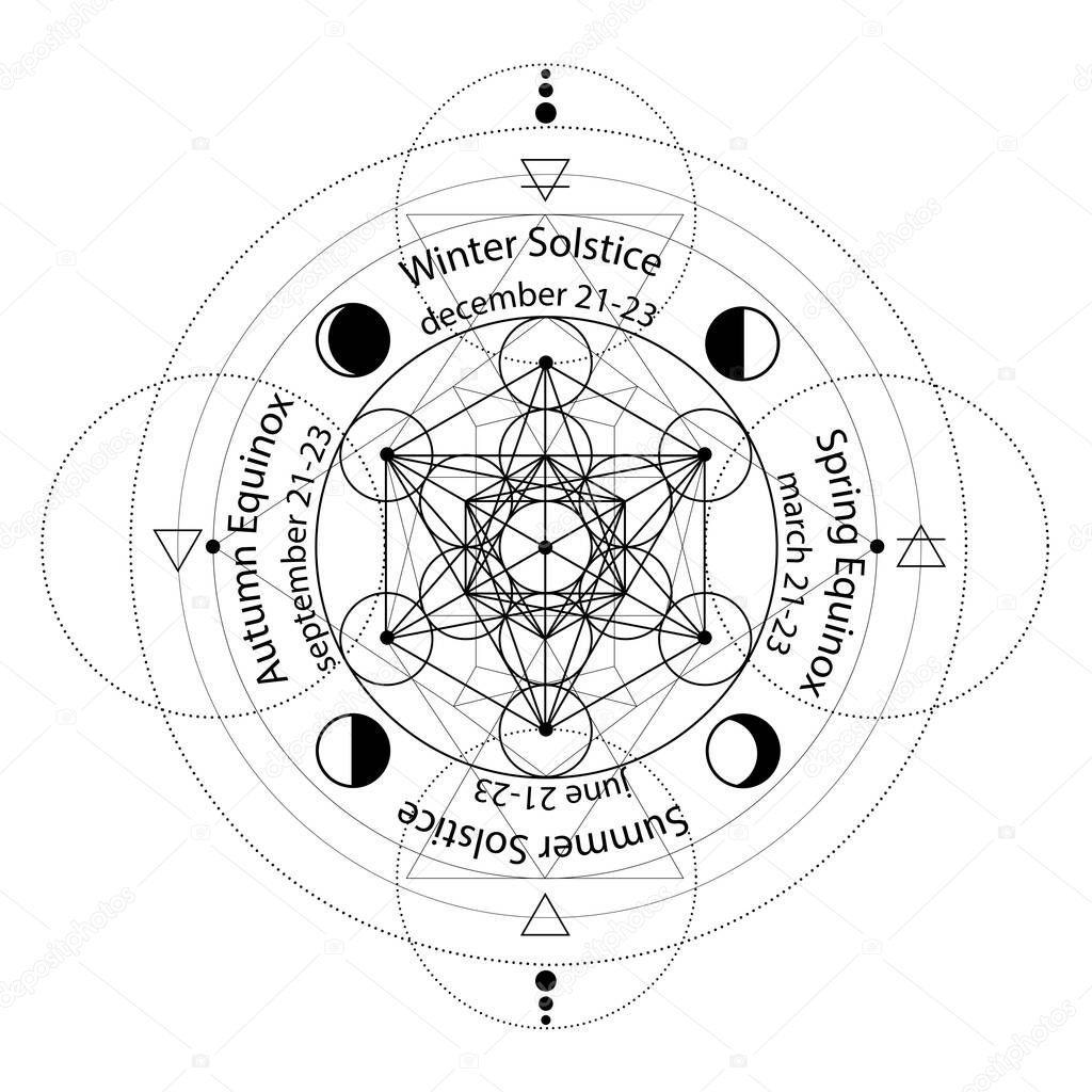 solstice and equinox circle stylized as linear geometrical design with black thin lines on white background with dates and names, four elements, Air, fire, water, earth symbol. Vector illustration