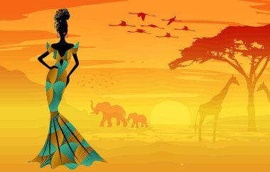 Afrikalı kadın geçmişi, Afrika 'da gün batımı akasya ağacı, zürafa, fil ve flamingo siluetleri. Batik Savannah safari afişi, geleneksel ankara elbisesi giymiş Afro kadın.