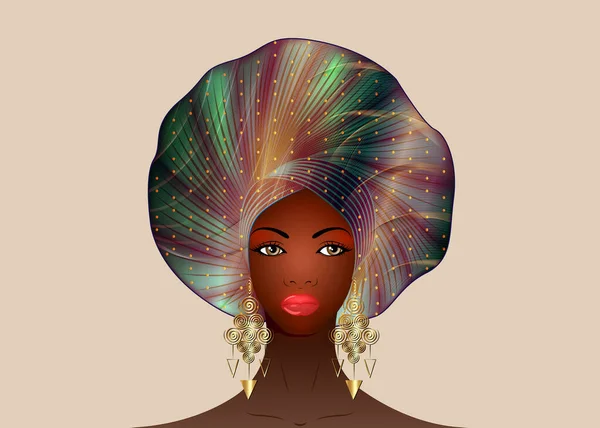 Portrait Femme Africaine Cravate Nigériane Turban Ethnique Afro Boucles Oreilles — Image vectorielle