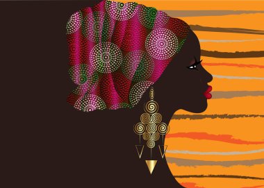 Afro saç stili, balmumu desenli kumaş sarıklı güzel Afrikalı kadın afro kıvırcık saçlı, afiş desenli, çizgili turuncu arka planda izole edilmiş vektör.