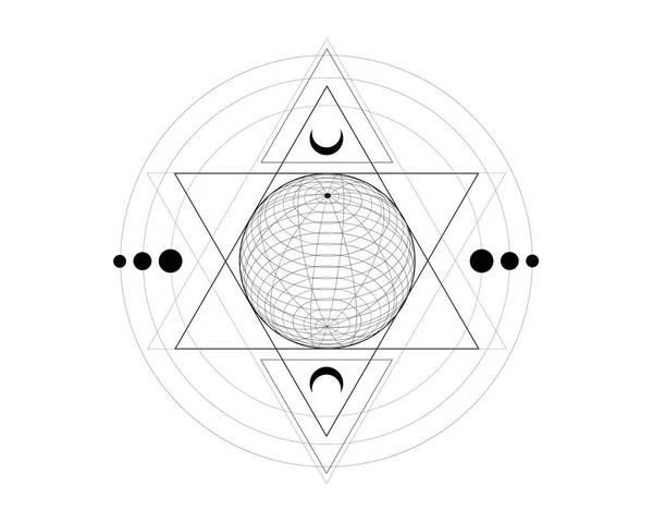 神秘的な神聖な幾何学記号 錬金術魔法のワイヤーフレーム球オカルト哲学的なサイン 音楽アルバムカバー ポスター 秘跡的なデザインのために 占星術 宗教の概念 白に隔離されたベクトル — ストックベクタ
