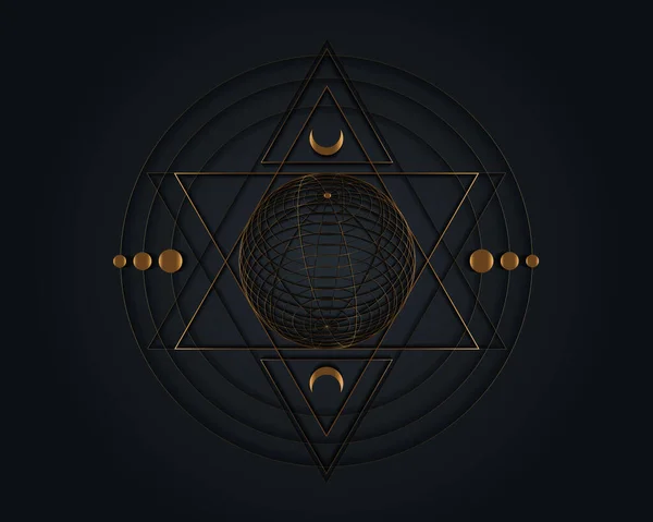 Oro Simbolo Mistico Geometria Sacra Alchimia Magia Wireframe Sfera Occulto — Vettoriale Stock