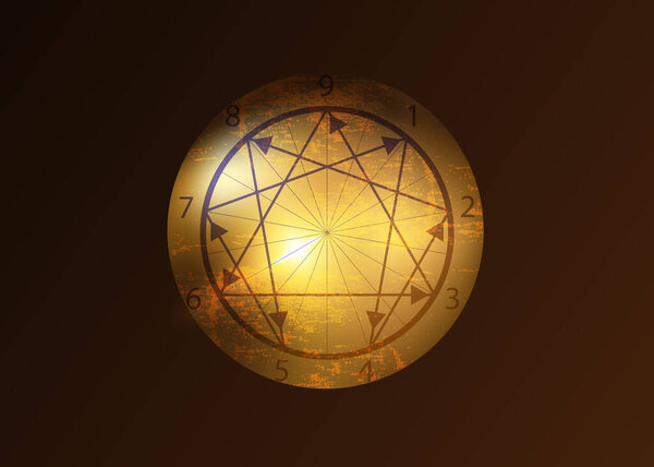 Девять значков Эннеаграммы, сакральная геометрия, старая винтажная векторная иллюстрация, выделенная на черном фоне. Числа от одного до девяти, касающиеся девяти типов личности