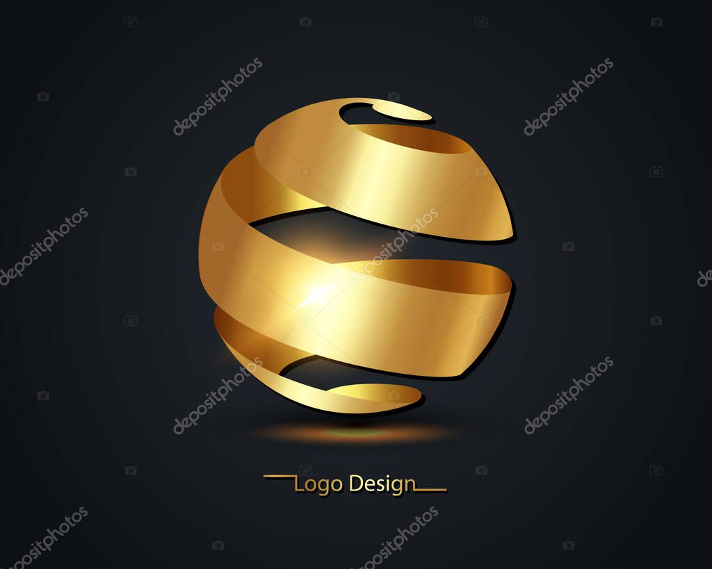 Abstract golden ribbons 3d light sphere effect, gold luxury logo design, vector illustration isolated on black background