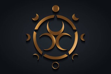 Ayın Çemberi, Üç Hilal Ayı, Altın Ruhani Mandala, Kutsal Geometri. Wiccan tekerlek sembolü, Üçlü Tanrıça vektör altın yuvarlak logo siyah arkaplan izole