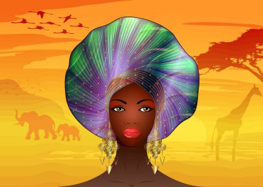 Afrika kadın portresi, Nijerya başlığı, etnik Afro türban ve altın küpeler. Yoruba Wedding 'deki güzel siyah kız saç stili. Afrika 'da izole edilmiş model vektör günbatımı Safari arka planı
