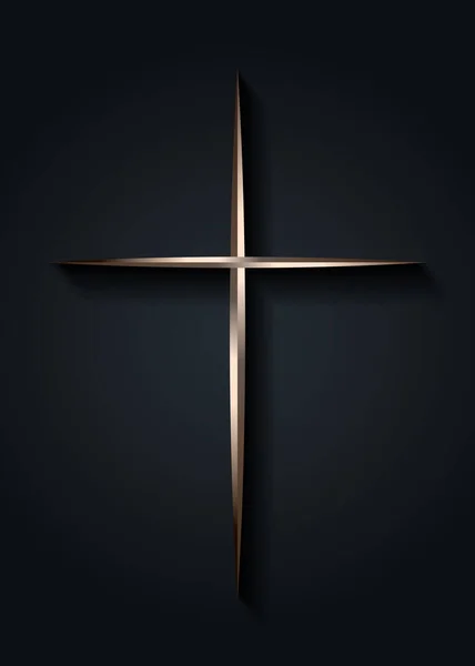 银质的光的十字架 闪亮的十字架与金属框架象征的基督教 希望和信念的象征 复活节金色的宗教标志 在黑色背景上孤立的矢量图解图标 — 图库矢量图片