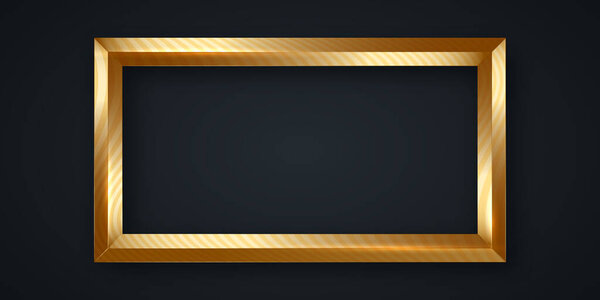 rectangle frame in gilded wood, striped ornate golden picture frame, classic gold luxury border vector illustration isolated on black background