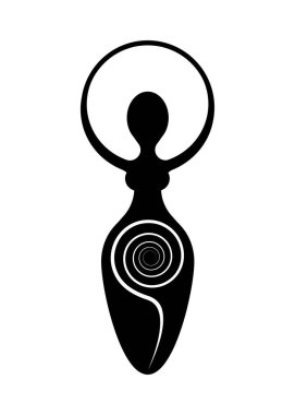 Wiccan Kadın Logosu, bereket sarmal tanrıçası, Pagan sembolleri, yaşam döngüsü, ölüm ve yeniden doğuş. Beyaz arka planda izole edilmiş, vektör dövmesi simgesi olan cadı ana toprak sembolü. 