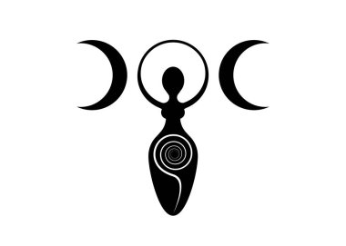 Wiccan Woman Logo triple moon goddess, spiral of fertility, Pagan Symbols, cycle of life, death and rebirth. Wicca mother earth symbol of sexual procreation, vector tattoo sign icon isolated on white clipart