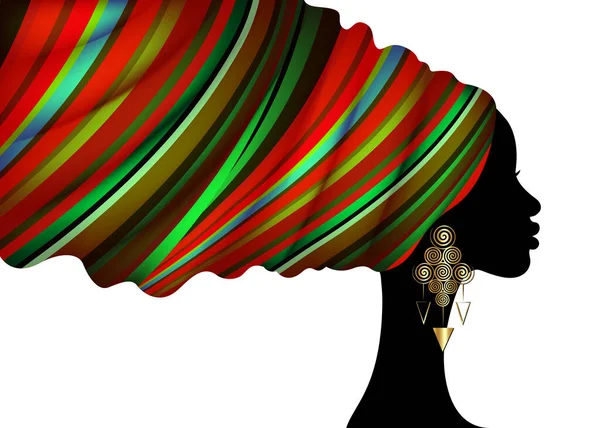 アフリカのストライププリントターバンヘッドラップ 肖像画の美しさアフリカの髪型の女性 ロゴデザイン黒の女性の髪のドレス ベクトルアフリカの民族テンプレート白い背景に隔離された — ストックベクタ
