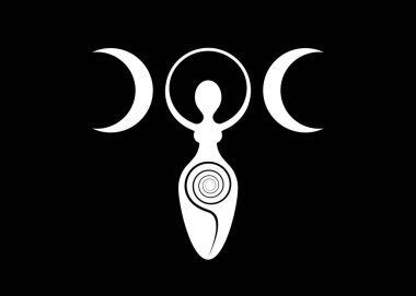 Wiccan Woman Logo triple moon goddess, spiral of fertility, Pagan Symbols, cycle of life, death and rebirth. Wicca mother earth symbol of sexual procreation, vector white sign icon isolated on black clipart