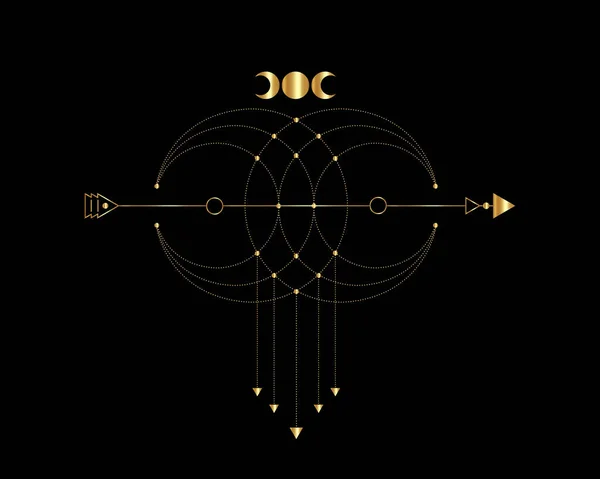 Geometria Sagrada Seta Mística Lua Crescente Linhas Pontilhadas Ouro Estilo — Vetor de Stock