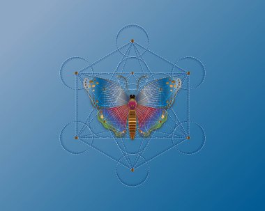 Butterfly over Metatrons Cube, Flower of Life. Sacred geometry. Mystic icon platonic solids Merkabah, abstract geometric colorful gradient design, crop circles sign. Graphic logo isolated on blue sky clipart