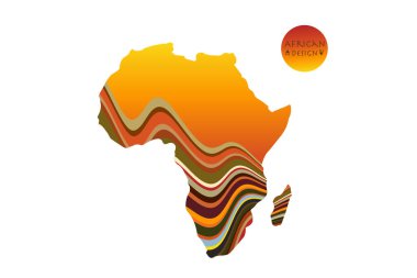 Etnik günbatımı manzaralı Afrika haritası. Logo bayrağı, kabile geleneksel Afrika renkleri, desen unsurlarını şeritler, konsept tasarımı. Beyaz arka planda izole edilmiş Etnik Afrika kıtası