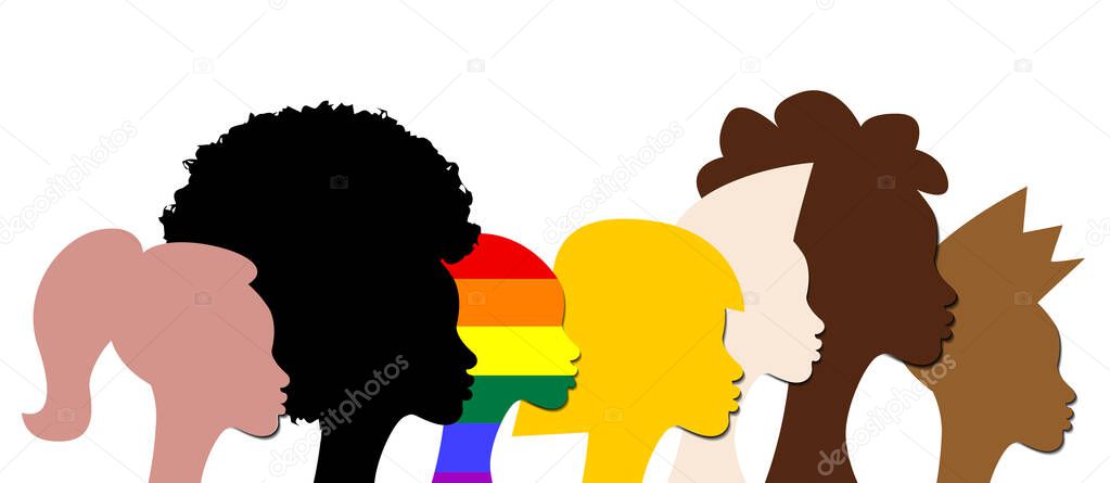 Inclusion and diversity. Silhouettes of people and LGBTQ+ set, people portrait vector logo for website, banner gay pride concept, colorful rainbow sign vector isolated on white background 