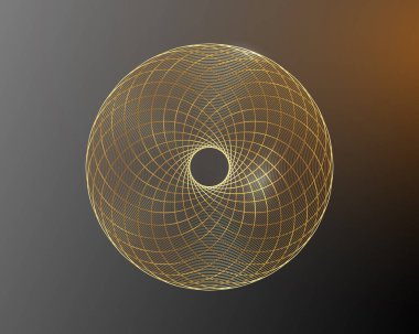 Torus Yantra Çiçeği, Altın Hipnotik Göz kutsal geometri temel elementi. Altın Logo Dairesel Matematik Süslemesi. Çapraz çemberlerden dairesel desen, siyah arkaplanda izole edilmiş vektör. 