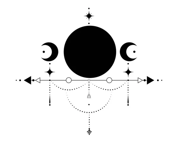 Trojitý Měsíc Posvátná Geometrie Mystické Šipky Srpek Měsíce Tečkované Čáry — Stockový vektor