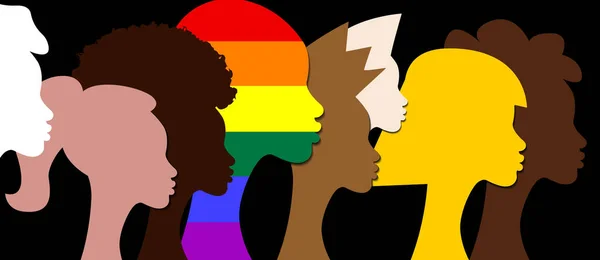 包括性と多様性 人々のシルエットとLgbtq セット ウェブサイトのための人々の肖像ベクトルのロゴ バナーゲイの誇りの概念 黒の背景に隔離されたカラフルな虹のサインベクトル — ストックベクタ