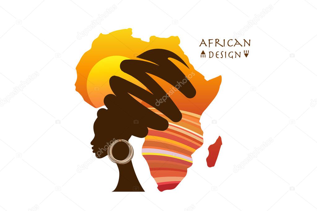 Africa Motherland, African woman portrait in ethnic turban, silhouette, Africa continent map sunset landscape. Afro design, Safari tribal logo banner vector isolated on white background