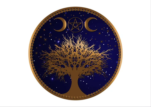 Livets Träd Wicca Tecken Mandala Guld Mystisk Måne Pentacle Helig — Stock vektor
