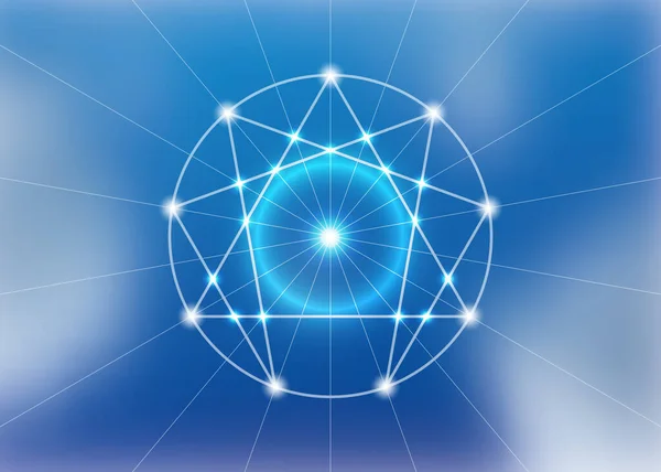 Enneagramのアイコン 神聖な幾何学 ダイアグラムのロゴテンプレート 白いネオンライトスタイル 青い空の背景に隔離されたベクトルイラスト — ストックベクタ
