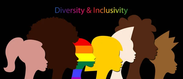 包容和多样性 人物形象与Lgbtq 网站人物形象矢量标志 旗帜同性恋自豪感概念 彩色彩虹标志矢量隔离在黑色背景 — 图库矢量图片