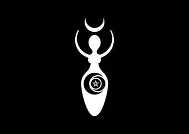 Wiccan Woman Logo triple moon goddess, crescent moon, pentacle pagan symbols, cycle of life, death and rebirth. Wicca mother earth symbol of sexual procreation, vector tattoo icon isolated on black clipart