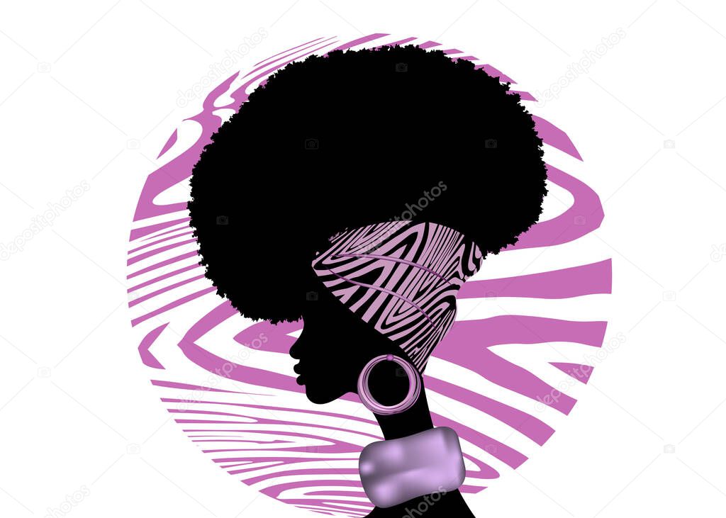 Portrait African woman wears bandana for curly hairstyles. Shenbolen Ankara Headwrap Women. Afro Traditional Headtie Scarf Turban in tribal pink zebra fabric design texture. Vector isolated on white 