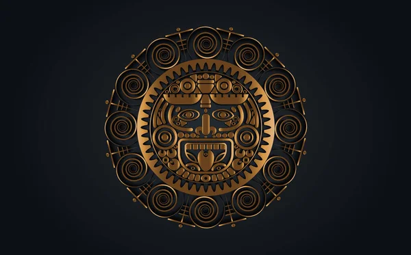 마야의 태양의 아즈텍의 색깔의 상징마스크 배경에 황금둥근 프레임 아이콘 일러스트 — 스톡 벡터