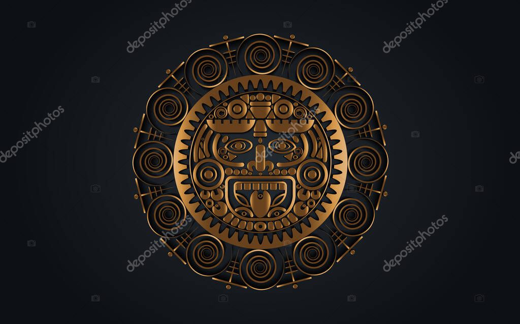 Sacred Mayan sun god, Aztec wheel calendar, Maya symbols ethnic mask in gold color. Golden round frame border old logo icon vector illustration isolated on black background