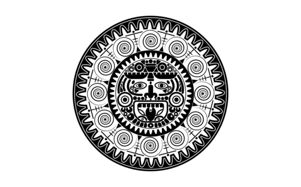 마야의 태양의 아즈텍의 마야의 민족가면 문신둥근 프레임 경계의 아이콘 일러스트 — 스톡 벡터
