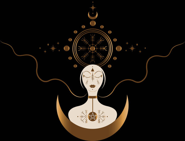 Freya goddess, Scandinavian norse mythology associated with love, beauty, fertility, sex, war, gold. Freyja rules over her heavenly field, vector isolated on black background