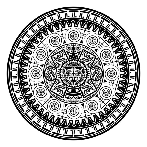 Sacred Aztec wheel calendar Mayan sun god, Maya symbols ethnic mask, black tattoo round frame border old logo icon vector illustration isolated on white background 