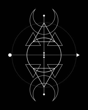 Sihirli Üçlü Ay. Viking tanrısının sembolü, Kelt Kutsal Geometri, Wiccan beyaz logo dövmesi, simya esrarengiz üçgenleri. Siyah arkaplanda izole edilmiş ruhani okültizm nesne vektör çizimi