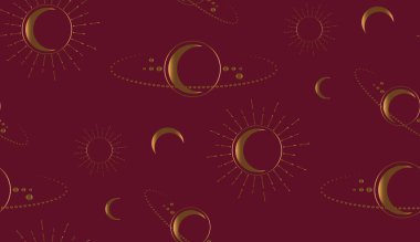 Altın, kusursuz, gizemli, kutsal geometri. Ay, güneş, yıldızlar, yörüngeler. Hilal ay sihirli pagan cadı tanrıçası sembolü. Simya, ezoterik, okültizm. Koyu kırmızı arkaplanda izole edilmiş vektör