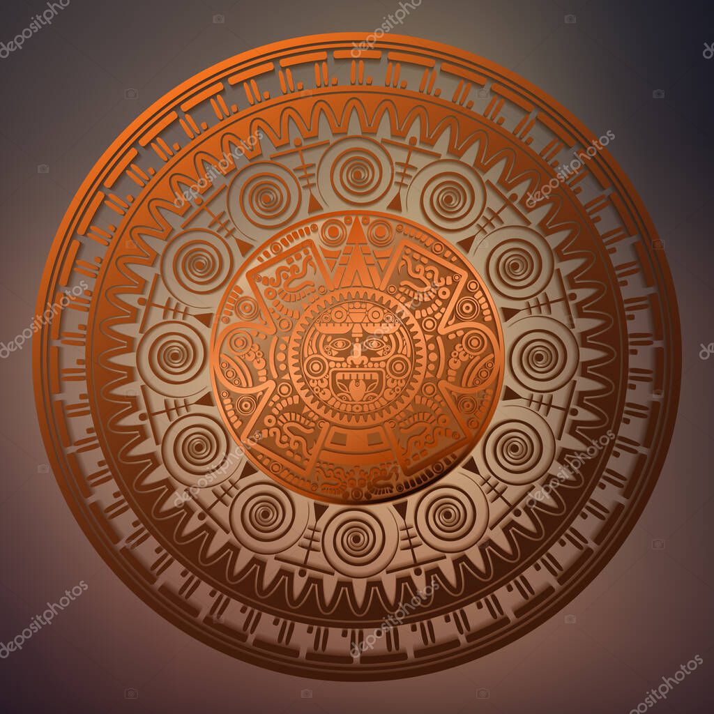 Sacred Aztec wheel calendar Mayan sun god, Maya symbols ethnic mask, bronze round frame border old logo icon vector illustration isolated on vintage background
