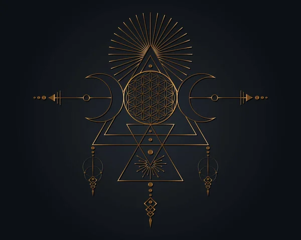 Triple Goddess Flower Life Gold Sacred Geometry Tribal Triangles Moon — Vector de stoc