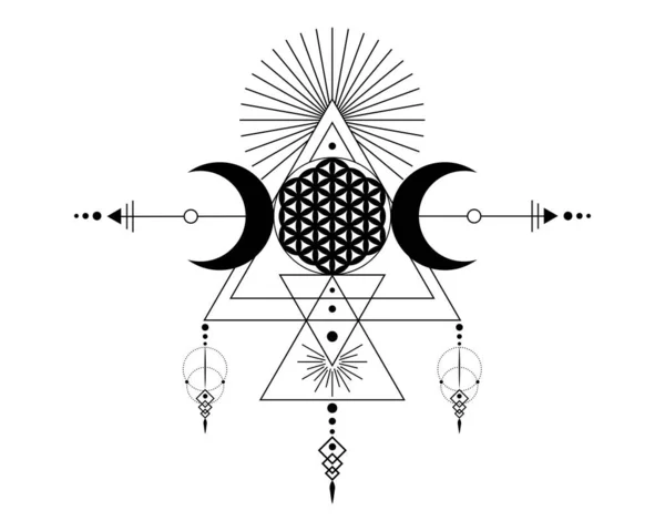 Drievoudige Godin Levensbloem Heilige Geometrie Tribale Driehoeken Maanfasen Shaman Boho — Stockvector