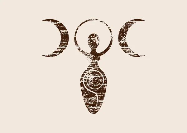 Retro Vintage Wiccan Woman Logo Triple Moon Goddess Spiral Fertility — 图库矢量图片