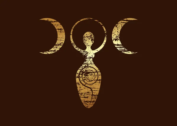 Gold Retro Vintage Wiccan Woman Logo Triple Moon Goddess Spiral — ストックベクタ