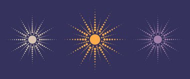 Dotted sun rays, set collection. Vintage sunburst background, logo design, Halftone effect, vector illustration isolated on purple background