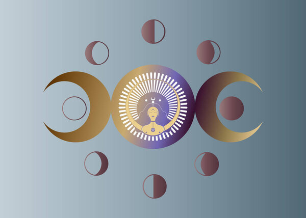 Икона женщины-викканки, символ тройной богини фаз луны. Знак "Тройная лунная религиозная викка". Логотип неоязычества. Циклы лунного календаря. Новолуние, Полнолуние, Ждущий полумесяц, Первый и Последний Квартал. Вектор 