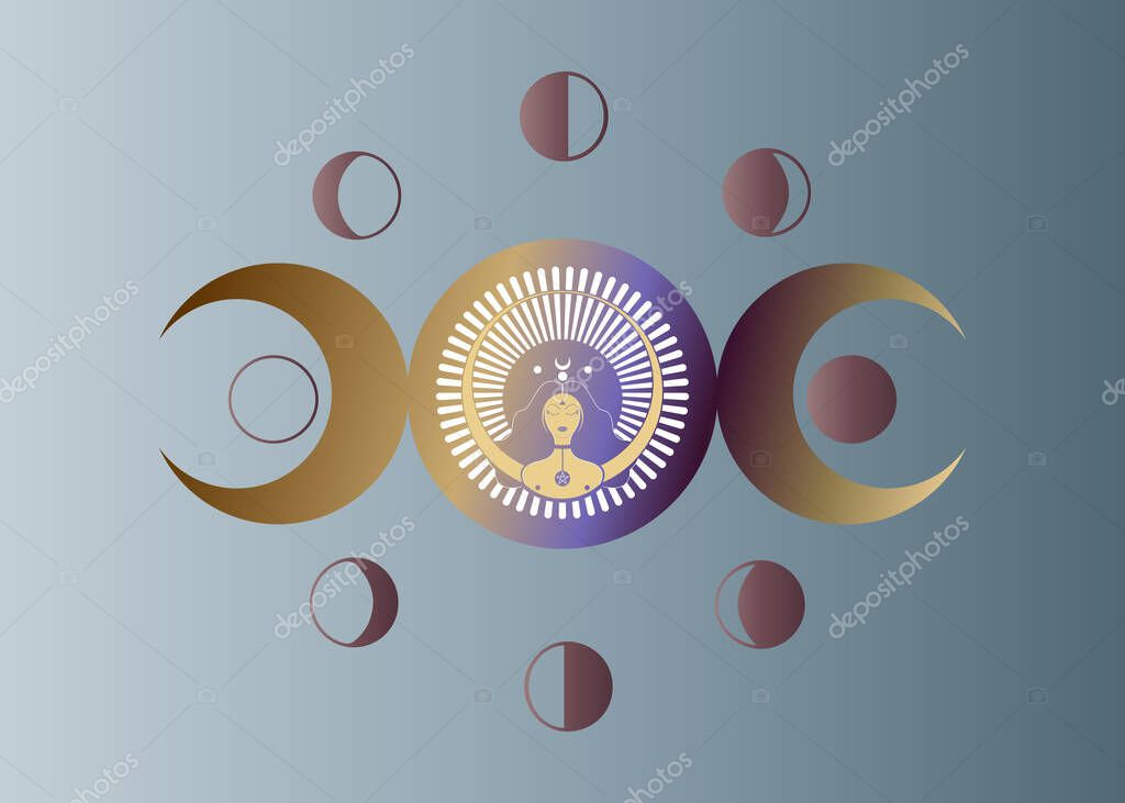 Wiccan woman icon, Triple goddess symbol of moon phases. Triple Moon Religious Wicca sign. Neopaganism logo. Lunar calendar cycles. New, Full Moon, Waning Crescent, First and Last Quarter. Vector