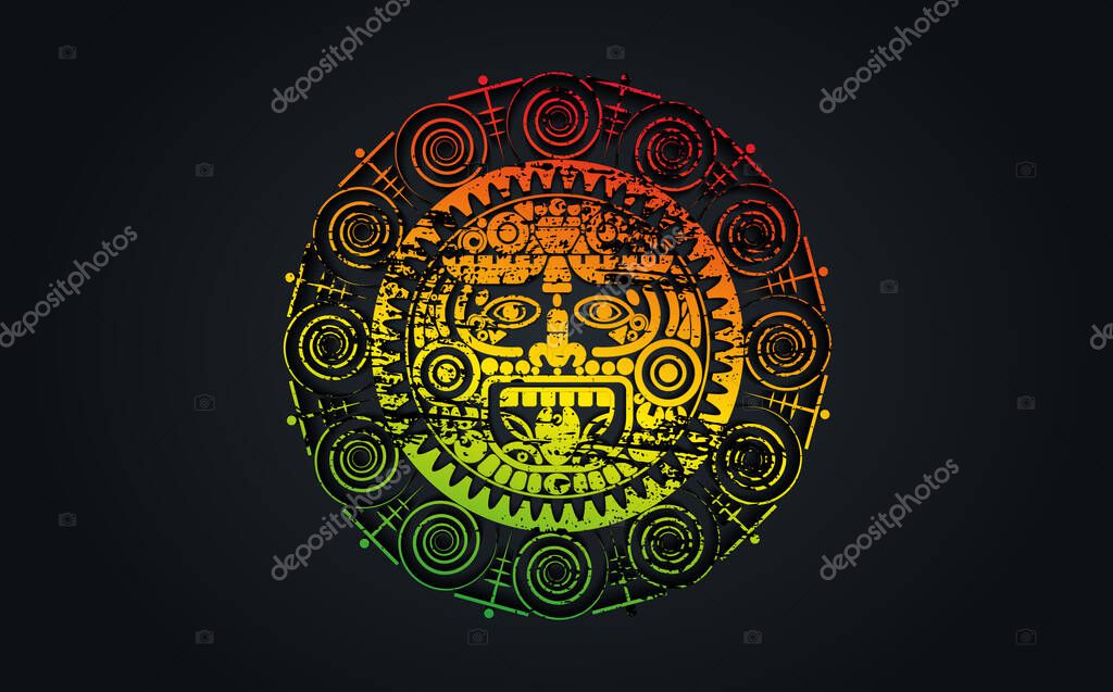 Ancient Sacred Mayan sun god, Aztec wheel calendar, Maya symbols ethnic mask. Psychedelic round frame border old logo icon. Grunge Mandala vector illustration isolated on black background