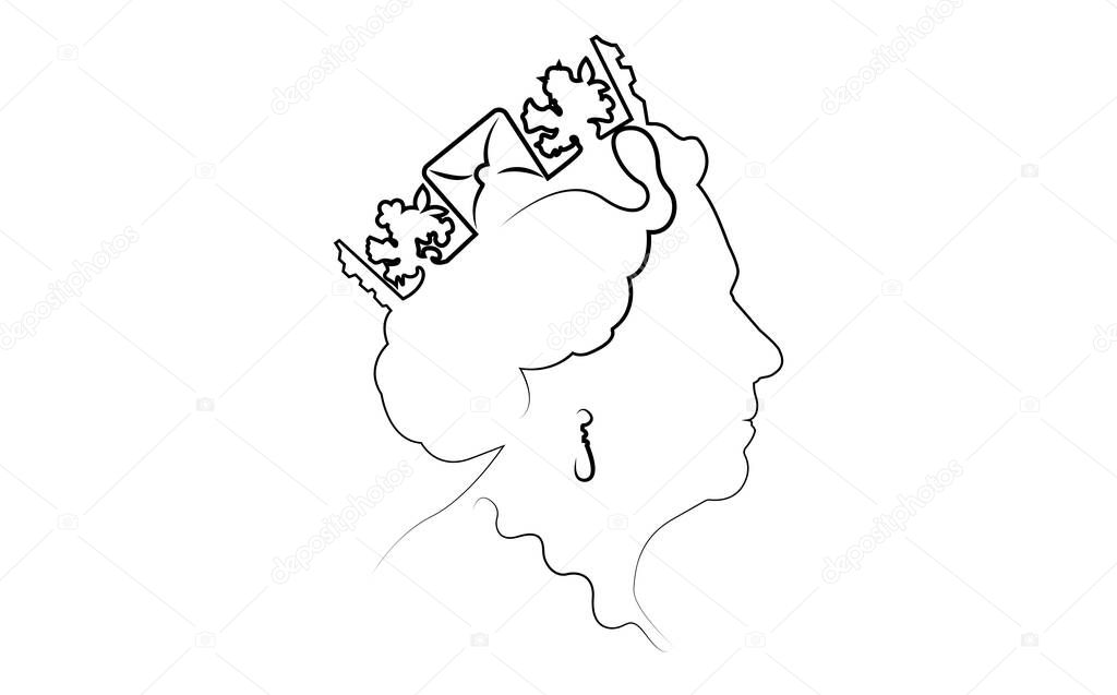 Side profile of Queen Elizabeth. The Queen's in line art portrait, vector illustration isolated on white background
